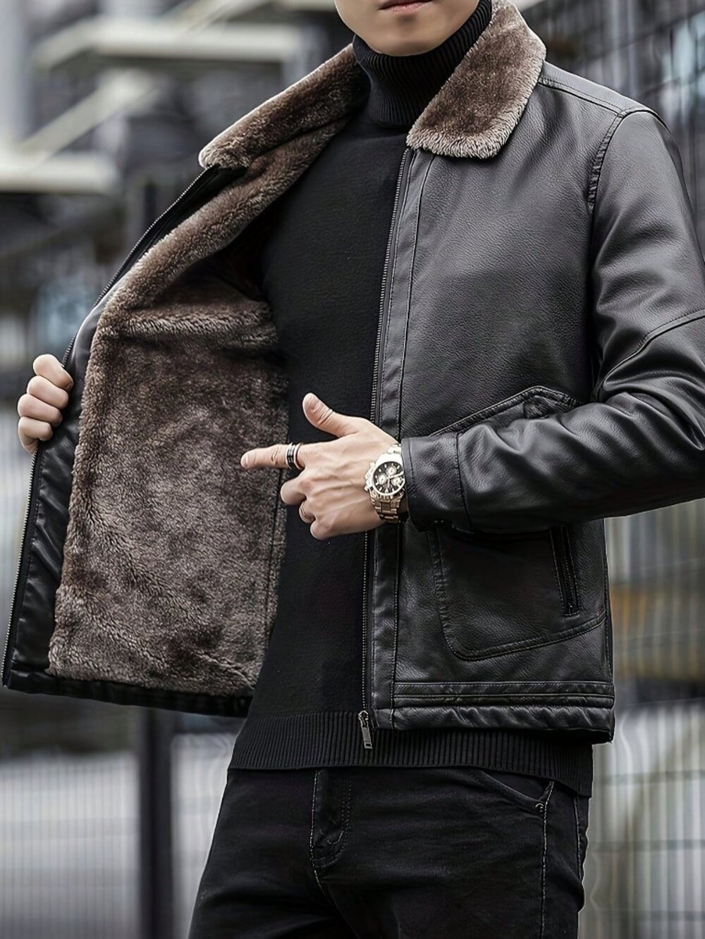 Black Casual Men's Long Sleeve Thickened Fleece Faux Leather Jacket